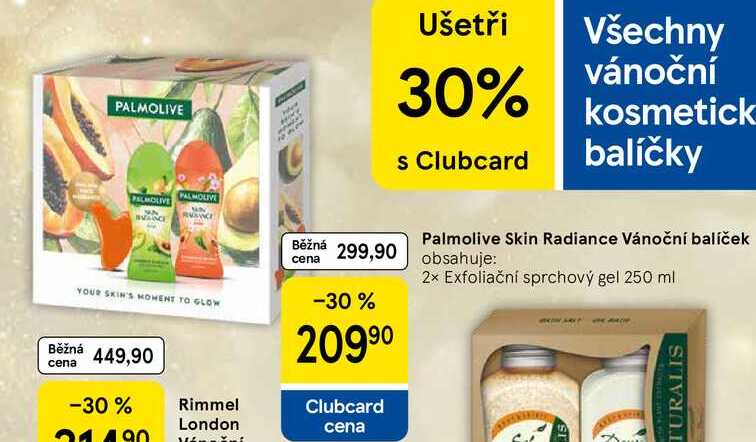 Palmolive Skin Radiance Vánoční balíček obsahuje: 2x Exfoliační sprchový gel 250 ml 