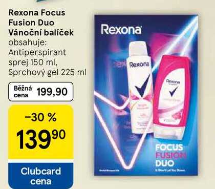 Rexona Focus Fusion Duo Vánoční balíček obsahuje: Antiperspirant sprej 150 ml, Sprchový gel 225 ml 