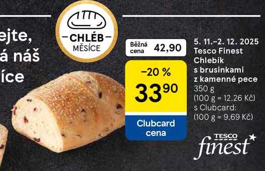 Tesco Finest Chlebík s brusinkami z kamenné pece, 350 g 