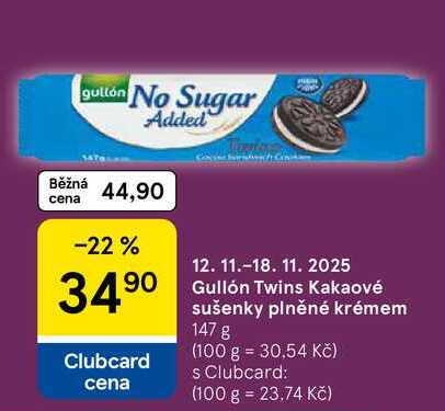 Gullón Twins Kakaové sušenky plněné krémem, 147 g