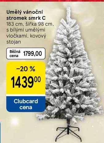 Umělý vánoční stromek smrk C 183 cm, šířka 98 cm. s bílými umělými vločkami, kovový stojan