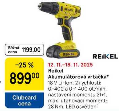 Reikel Akumulátorová vrtačka, 18 V Li-Ion, 2 rychlosti: 0-400 a 0-1 400 ot/min. nastavení momentu 21+1, max. utahovací moment: 28 Nm, LED osvětlení 
