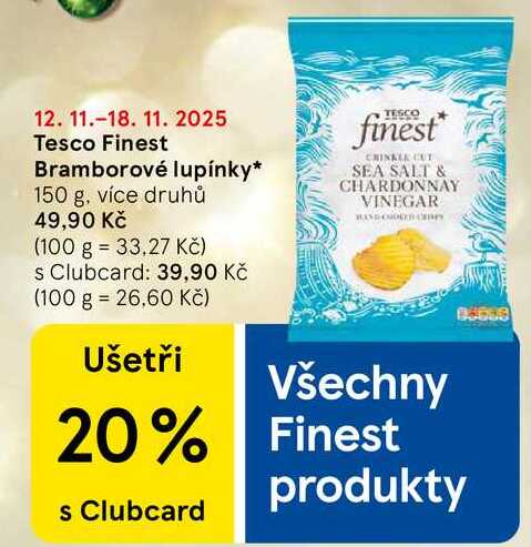 Tesco Finest Bramborové lupínky, 150 g, více druhů