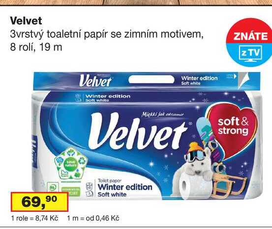 Velvet 3vrstvý toaletní papír se zimním motivem, 8 rolí, 19 m