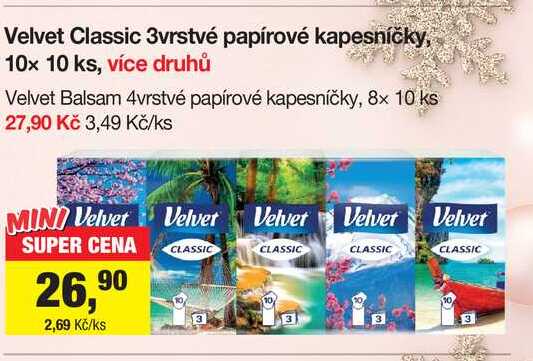 Velvet Classic 3vrstvé papírové kapesníčky, 10x 10 ks, více druhů