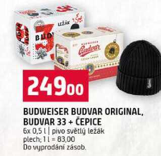 BUDWEISER BUDVAR ORIGINAL, BUDVAR 33+ ČEPICE 6x0,5 l