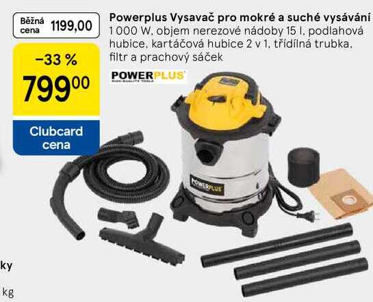 Powerplus Vysavač pro mokré a suché vysávání, 1000 W. objem nerezové nádoby 15 I. podlahová hubice, kartáčová hubice 2 v 1. třídílná trubka. filtr a prachový sáček