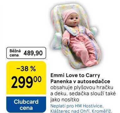 Emmi Love to Carry Panenka v autosedačce obsahuje plyšovou hračku a deku, sedačka slouží také jako nosítko