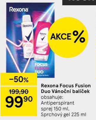 Rexona Focus Fusion Duo Vánoční balíček obsahuje: Antiperspirant sprej 150 ml. Sprchový gel 225 ml 