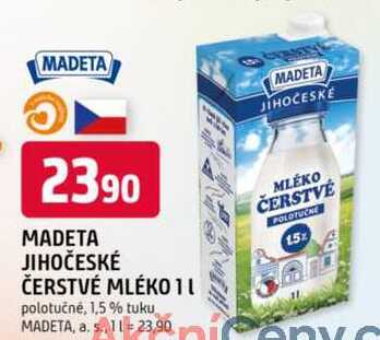 MADETA JIHOČESKÉ ČERSTVÉ MLÉKO 1l polotučné, 1,5 % tuku