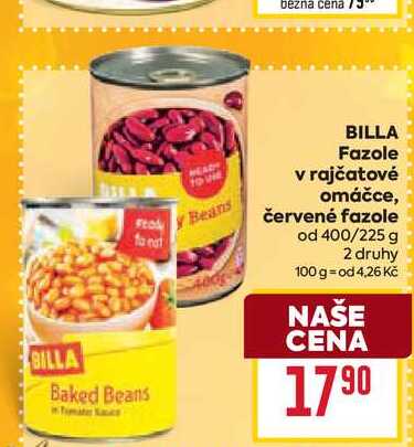 BILLA Fazole v rajčatové omáčce, červené fazole od 400/225 g 