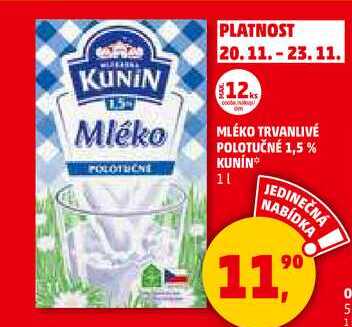 MLÉKO TRVANLIVÉ POLOTUČNÉ 1,5% KUNIN, 1 l