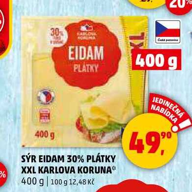 SÝR EIDAM 30% PLÁTKY XXL KARLOVA KORUNA, 400 g