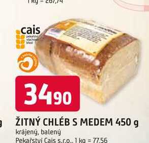 ŽITNÝ CHLÉB S MEDEM 450 g krájený, balený