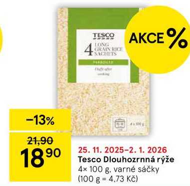 Tesco Dlouhozrnná rýže, 4x 100 g, varné sáčky 