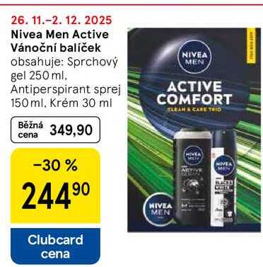 Nivea Men Active Vánoční balíček obsahuje: Sprchový gel 250 ml. Antiperspirant sprej 150 ml, Krém 30 ml 