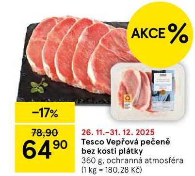 Tesco Vepřová pečeně bez kosti plátky, 360 g 