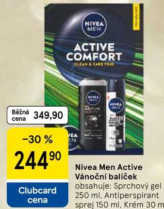 Nivea Men Active Vánoční balíček obsahuje: Sprchový gel 250 ml, Antiperspirant sprej 150 ml. Krém 30 m 