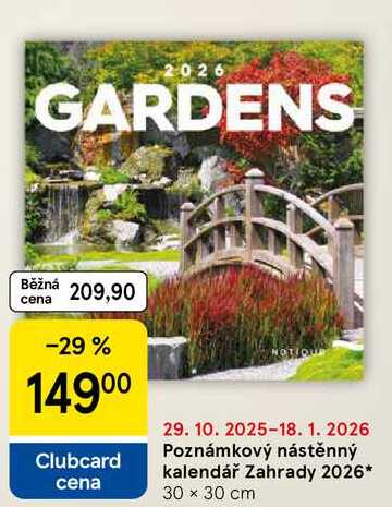 Poznámkový nástěnný kalendář Zahrady 2026, 30 x 30 cm