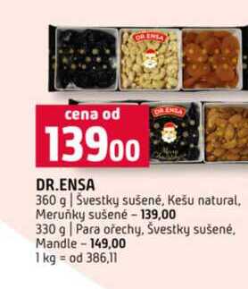 DR.ENSA 360 g Švestky sušenė, Kešu natural, Meruňky sušené 330 g Para ořechy, Švestky sušené, Mandle