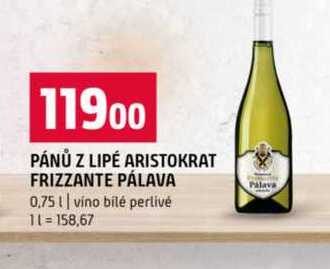 PÁNŮ Z LIPÉ ARISTOKRAT FRIZZANTE PÁLAVA 0,75l víno bilé perlivé 