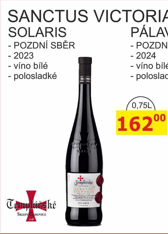 Templářské sklepy 0,75l SANCTUS VICTORIA SOLARIS PÁLA