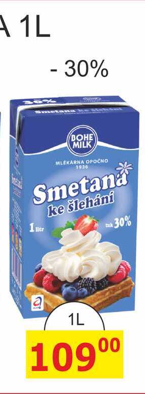 BOHEMILK Smetana ke šlehání tuk 30% 1L 