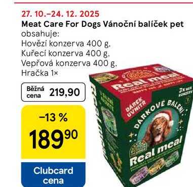 Meat Care For Dogs Vánoční balíček pet obsahuje: Hovězí konzerva 400 g. Kuřecí konzerva 400 g. Vepřová konzerva 400 g. Hračka 1×