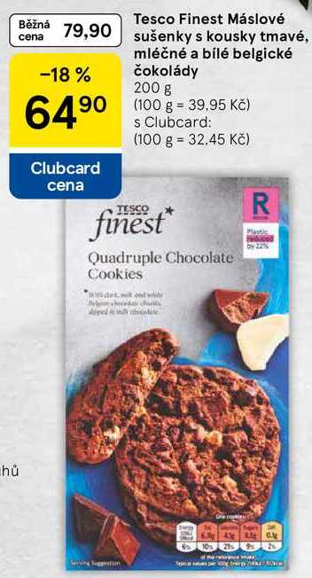 Tesco Finest Máslové sušenky s kousky tmavé, mléčné a bílé belgické čokolády, 200 g