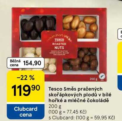 Tesco Směs pražených skořápkových plodů v bílé hořké a mléčné čokoládě, 200 g