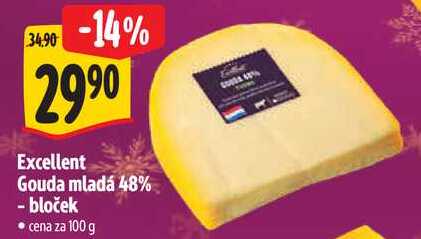 Excellent Gouda mladá 48% - bloček, cena za 100 g  