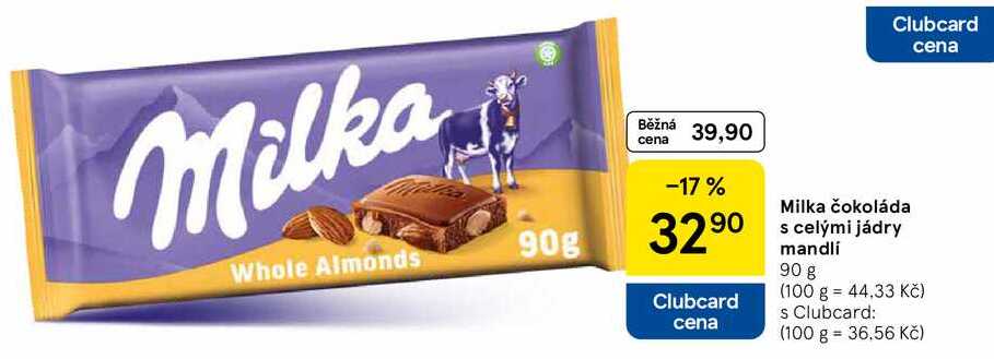 Milka čokoláda s celými jádry mandlí, 90 g  
