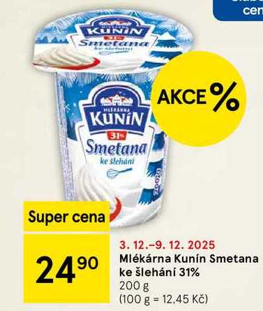 Mlékárna Kunín Smetana ke šlehání 31%, 200 g  