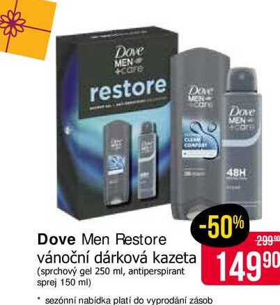 Dove Men Restore vánoční dárková kazeta (sprchový gel 250 ml, antiperspirant sprej 150 ml) 