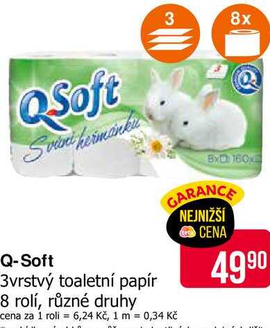 Q-Soft 3vrstvý toaletní papír 8 rolí, různé druhy 