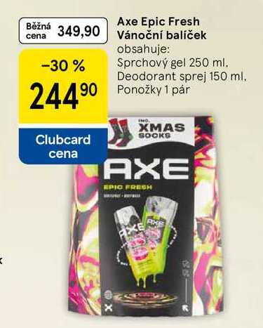 Axe Epic Fresh Vánoční balíček obsahuje: Sprchový gel 250 ml. Deodorant sprej 150 ml. Ponožky 1 pár