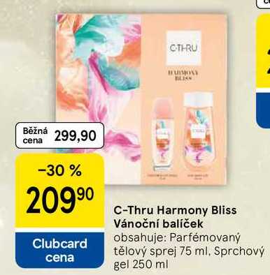 C-Thru Harmony Bliss Vánoční balíček obsahuje: Parfémovaný tělový sprej 75 ml, Sprchový gel 250 ml