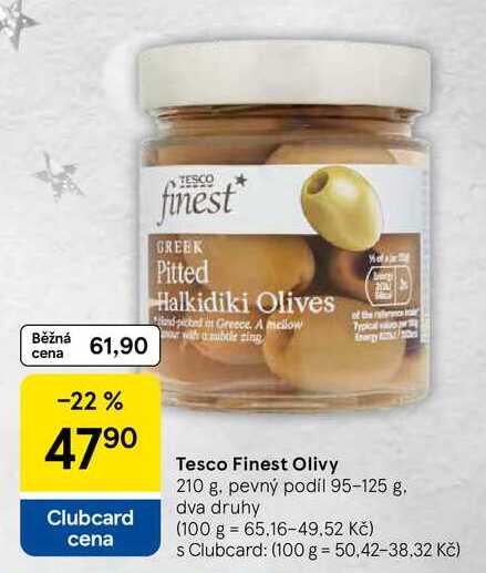 Tesco Finest Olivy, 210 g. pevný podíl 95-125 g
