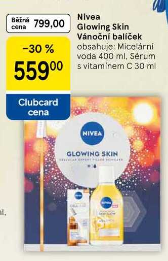 Nivea Glowing Skin Vánoční balíček obsahuje: Micelární voda 400 ml, Sérum s vitamínem C 30 ml