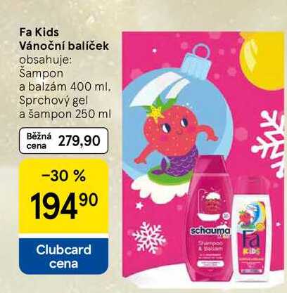 Fa Kids Vánoční balíček obsahuje: Šampon a balzám 400 ml. Sprchový gel a šampon 250 ml