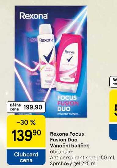 Rexona Focus Fusion Duo Vánoční balíček obsahuje: Antiperspirant sprej 150 ml. Sprchový gel 225 ml