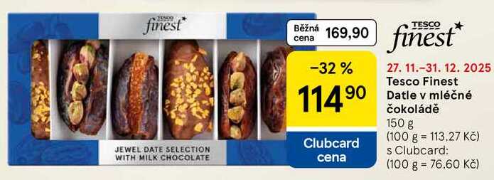 Tesco Finest Datle v mléčné čokoládě, 150 g