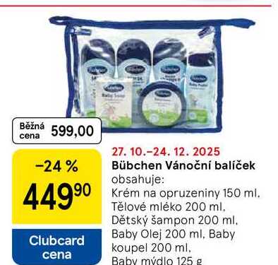 Bübchen Vánoční balíček obsahuje: Krém na opruzeniny 150 ml. Tělové mléko 200 ml. Dětský šampon 200 ml. Baby Olej 200 ml, Baby koupel 200 ml. Baby mýdlo 125 g