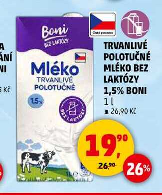 TRVANLIVÉ POLOTUČNÉ MLÉKO BEZ LAKTÓZY 1,5% BONI, 1 l