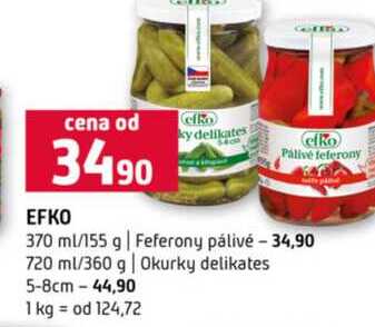 EFK Pálivé feferony 370 ml/155 g Feferony pálivé 720 ml/360 g Okurky delikates 5-8cm