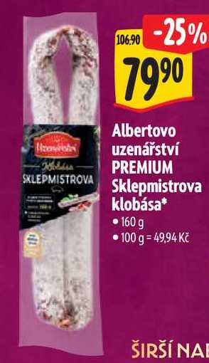 Albertovo uzenářství PREMIUM Sklepmistrova klobása, 160 g