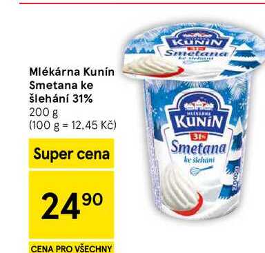 Mlékárna Kunín Smetana ke šlehání 31%, 200 g  