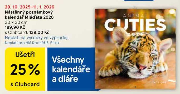 Nástěnný poznámkový kalendář Mláďata 2026, 30 x 30 cm 