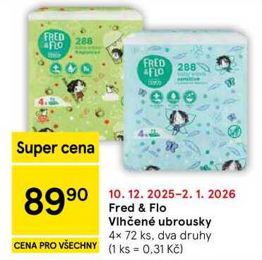 Fred & Flo Vlhčené ubrousky, 4x 72 ks, dva druhy  