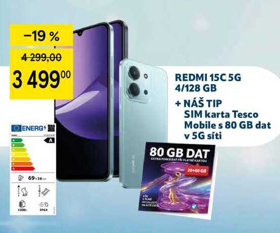 REDMI 15C 5G 4/128 GB + NÁŠ TIP SIM karta Tesco Mobile s 80 GB dat v 5G síti 
